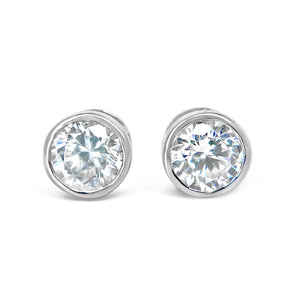 Round Bezel Stud Diamond Earrings, 1.0-4.0 Ct, Solid 14k White Gold Screw Back Studs, Created Diamond Studs Bezel Set