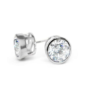 Round Bezel Stud Diamond Earrings, 1.0-4.0 Ct, Solid 18k White Gold Screw Back Studs, Created Diamond Studs Bezel Set