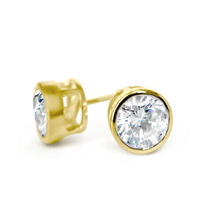 Round Bezel Stud Diamond Earrings, 1.0-4.0 Ct, Solid 14k Yellow Gold Screw Back Studs, Created Diamond Studs Bezel Set