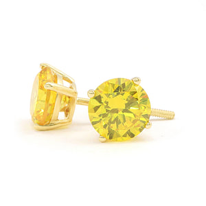 Gold Diamond Studs, 2 Ct Round Created Yellow Canary Diamond Earrings, Solid Gold Earrings, Real 14K 18K Yellow Gold, Screw Back Earrings