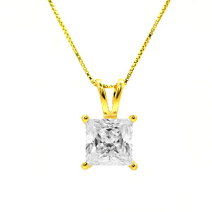 Diamond Necklace, Diamond Pendant, 2 Ct Princess Cut, Designer Style, Created Diamond, Real Solid 14K Yellow Gold 18" Necklace