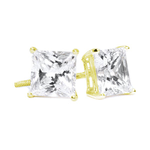 Princess Cut Studs, 1.75 Ct Princess Created Diamond, Real Solid Gold Earrings, 14K 18K Yellow Gold, Basket, Screw Back Earrings