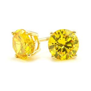 Gold Diamond Studs, 3 Ct Round Created Yellow Canary Diamond Earrings, Solid Gold Earrings, Real 14K 18K Yellow Gold, Screw Back Earrings