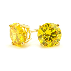 Gold Diamond Studs, 2 Ct Round Created Yellow Canary Diamond Earrings, Solid Gold Earrings, Real 14K 18K Yellow Gold, Screw Back Earrings