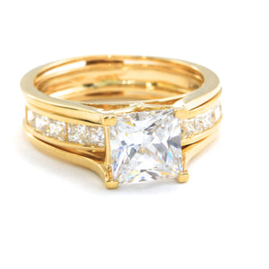 Engagement Ring Set, 2 Ct 2-Piece Created Diamond Princess Cut Real Solid 14K Yellow Gold Wedding Band