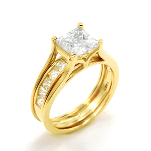 Engagement Ring Set, 2 Ct 2-Piece Created Diamond Princess Cut Real Solid 14K Yellow Gold Wedding Band