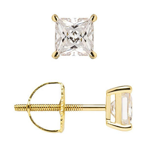 Gold Diamond Studs, 14K Gold Earrings, 1.01- 4.00 T.W. Princess Cut Created Diamond, Solid Gold Earrings, Screw Back Earrings