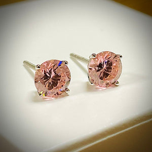 Gold Diamond Studs, 4 Ct Round Created Pink Diamond Earrings, Solid Gold Earrings, Real 14K 18K White Gold, Basket, Screw Back Earrings