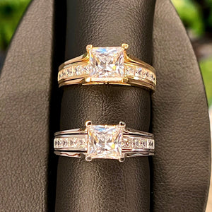 Engagement Ring Set, 2 Ct 2-Piece Created Diamond Princess Cut Real Solid 14K Yellow Gold Wedding Band
