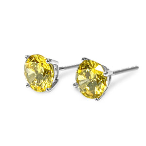 Gold Diamond Studs, 4 Ct Round Created Yellow Canary Diamond Earrings, Solid Gold Earrings, Real 14K 18K White Gold, Screw Back Earrings