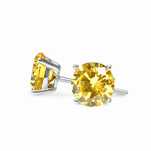 Gold Diamond Studs, 4 Ct Round Created Yellow Canary Diamond Earrings, Solid Gold Earrings, Real 14K 18K White Gold, Screw Back Earrings