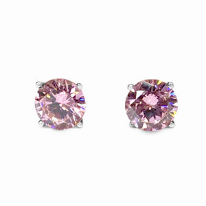 White Gold Diamond Studs, 3 Ct Round Created Pink Diamond Earrings, Solid Gold Earrings, Real 14K White Gold, Basket, Screw Back Earrings