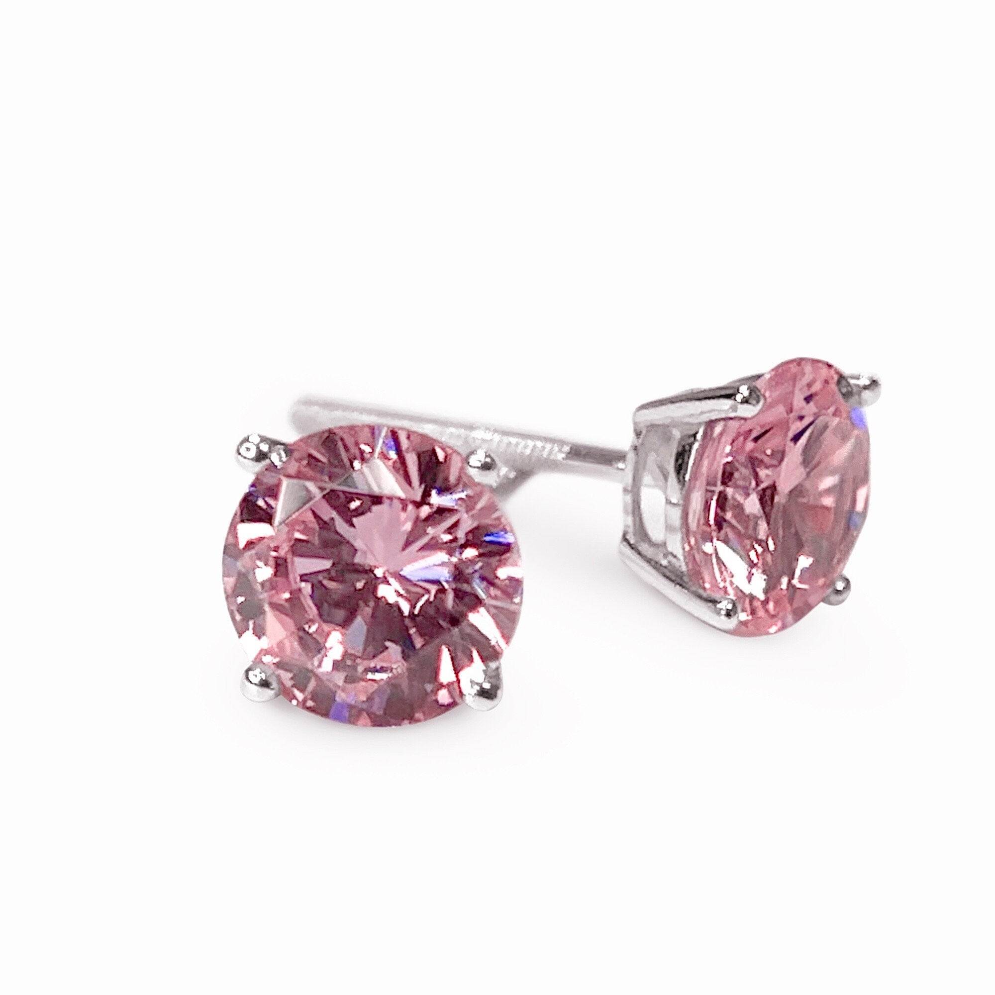 White Gold Diamond Studs, 3 Ct Round Created Pink Diamond Earrings