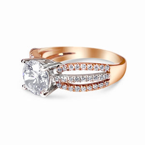 Engagement Ring, Promise Ring, 2 Tone Gold, White/Rose Gold, 14k Solid Gold, 1.50ct Round Created Diamond, 3 Row Split Shank Accent Ring