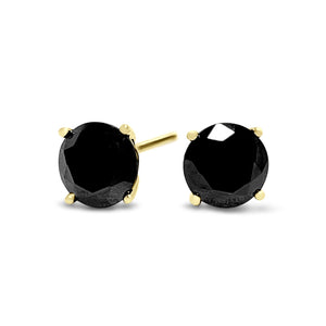 Black Diamond Earrings, 3 Ct Round Created Diamond Studs, Real Solid Gold Earrings, 14K 18K Yellow Gold, Basket, Screw Back Earrings