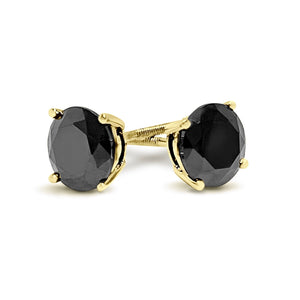 Black Diamond Earrings, 3 Ct Round Created Diamond Studs, Real Solid Gold Earrings, 14K 18K Yellow Gold, Basket, Screw Back Earrings