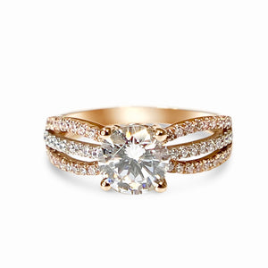 Engagement Ring, Promise Ring, 2 Tone Gold, White/Rose Gold, 14k Solid Gold, 2 Ct. Round Created Diamond, 3 Row Split Shank Accent Ring