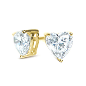 Gold Diamond Studs, 2 Ct Heart Created Diamond Earrings, Real Solid Gold, 14K 18K Yellow Gold, Basket, Screw Back Earrings