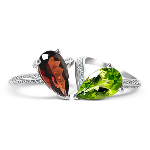 Megan Fox Ring, Toi Et Moi Ring, Engagement Ring, Solid 14k White Gold, 2 Piece Engagement Ring, Garnet & Peridot Ring, Pear Cut Ring