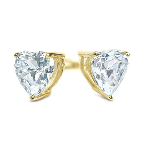 Gold Diamond Studs, 2 Ct Heart Created Diamond Earrings, Real Solid Gold, 14K 18K Yellow Gold, Basket, Screw Back Earrings