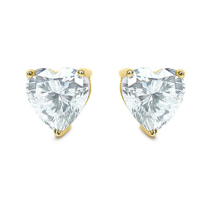 Gold Diamond Studs, 1.5 Ct Heart Created Diamond Earrings, Real Solid Gold Earrings, 14K 18K Yellow Gold, Basket, Screw Back Earrings