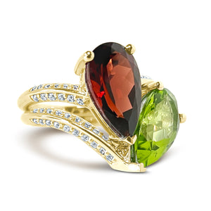 Megan Fox Ring, Toi Et Moi Ring, Engagement Ring, Solid 14k Yellow Gold, 2 Piece Engagement Ring, Garnet & Peridot Ring, Pear Cut Ring