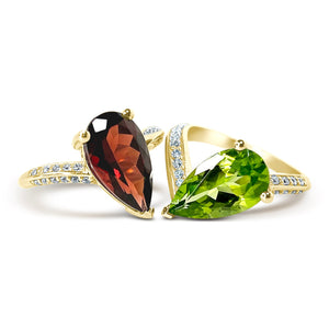 Megan Fox Ring, Toi Et Moi Ring, Engagement Ring, Solid 14k Yellow Gold, 2 Piece Engagement Ring, Garnet & Peridot Ring, Pear Cut Ring