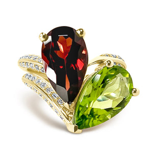 Megan Fox Ring, Toi Et Moi Ring, Engagement Ring, Solid 14k Yellow Gold, 2 Piece Engagement Ring, Garnet & Peridot Ring, Pear Cut Ring