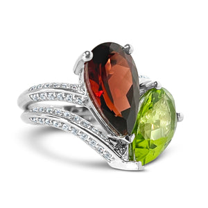 Megan Fox Ring, Toi Et Moi Ring, Engagement Ring, Solid 14k White Gold, 2 Piece Engagement Ring, Garnet & Peridot Ring, Pear Cut Ring