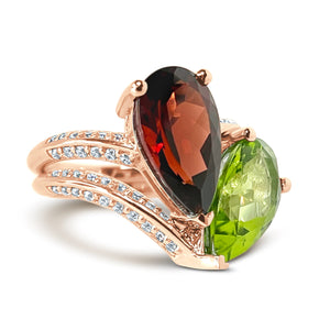 Megan Fox Ring, Toi Et Moi Ring, Engagement Ring, Solid 14k Rose Gold, 2 Piece Engagement Ring, Garnet & Peridot Ring, Pear Cut Ring