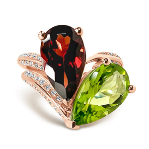 Megan Fox Ring, Toi Et Moi Ring, Engagement Ring, Solid 14k Rose Gold, 2 Piece Engagement Ring, Garnet & Peridot Ring, Pear Cut Ring